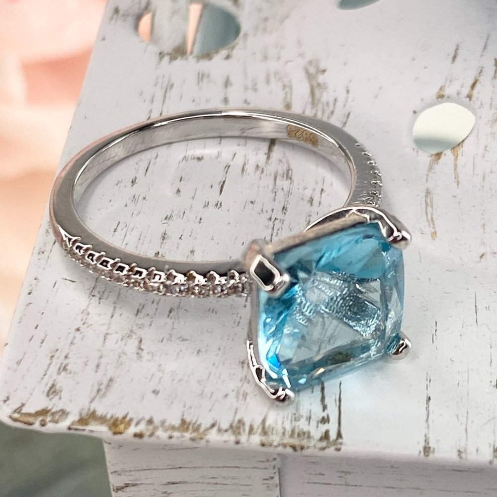 925 Sterling Silver Blue CZ Engagement Ring Sz 6.5